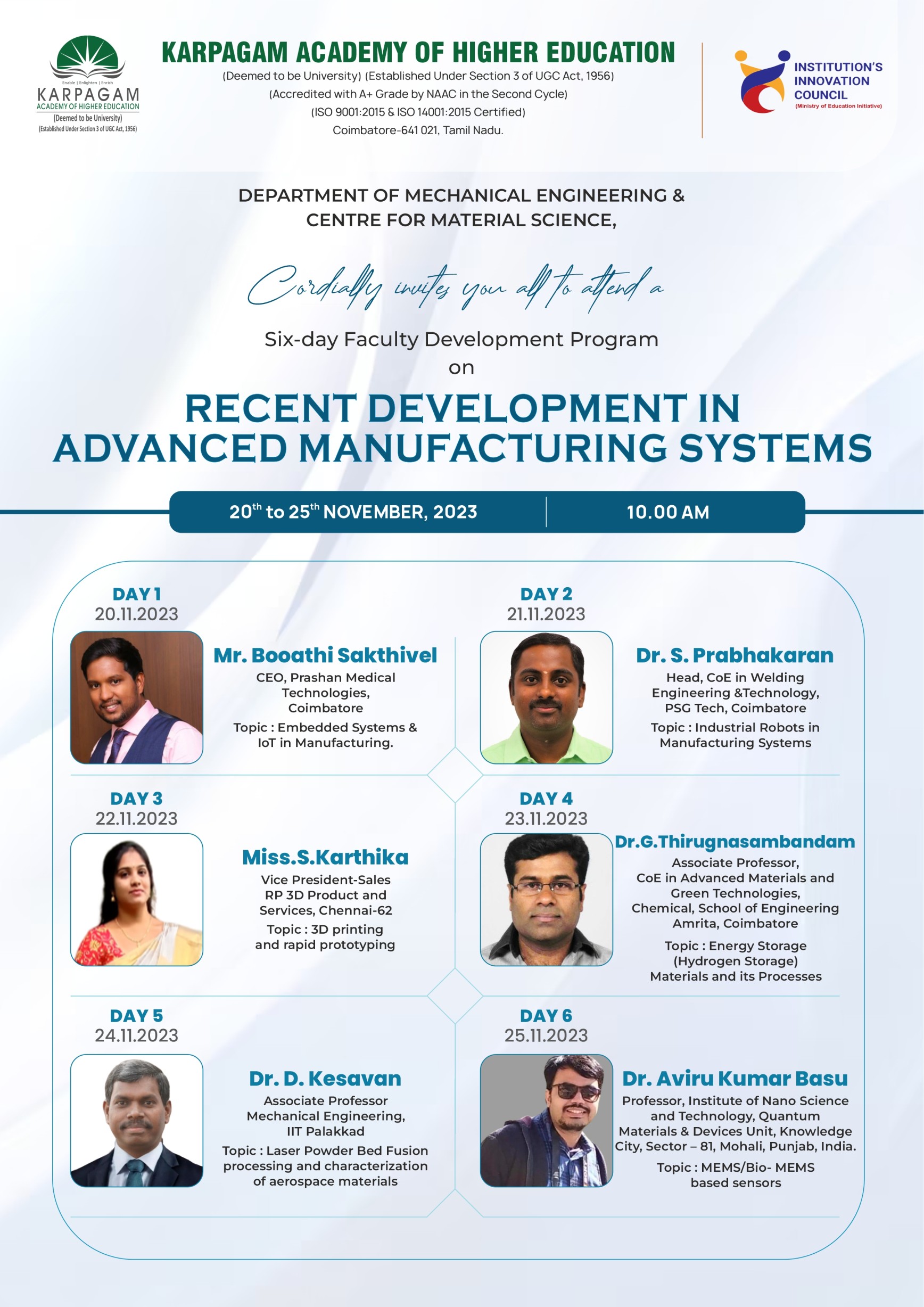 SIX-day FDP on Recent Development in Advanced Manufacturing Systems RDAMS'23
